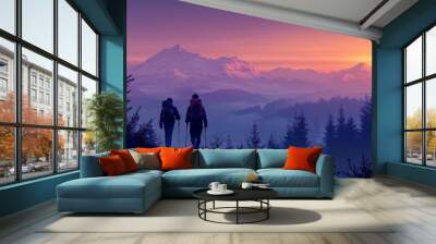 A photo of two friends hiking together at dusk, with majestic scenery and fog. The image highlights teamwork, motivation, and mutual achievement, showcasing their journey and dedication. High Wall mural