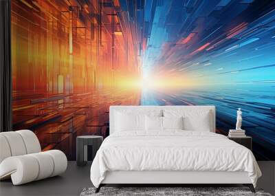 Digital glitch art distorting shapes and colors, creating a futuristic and surreal aesthetic. Painting Illustration style, Minimal and Simple, Wall mural