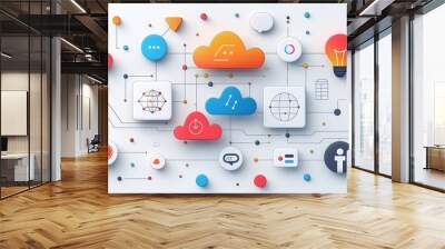 Digital marketing strategies with abstract campaigns and SEO optimization. Minimalist UI in a flat illustration style on a white background with bright Color scheme, dribble, flat Illustration , Wall mural