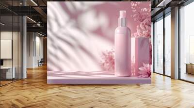 Elevate your beauty routine with our pastel pink product featuring an aesthetic bottle layout. Experience a healthy and caring cosmetic background. Generative AI Wall mural