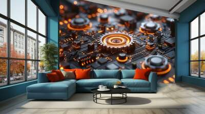 Futuristic abstract with digital circuits and mechanical parts highlighting the integration of industrial science. , Minimalism, Wall mural