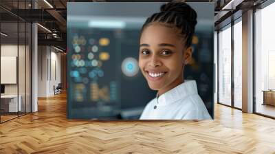 Realistic hyper-detailed portrait of a cheerful young African woman IT specialist smiling, her face reflecting her dedication and joy in managing technology and supporting users. Background images Wall mural