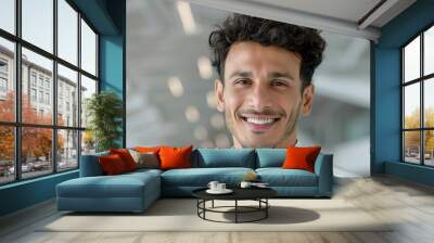 Realistic hyper-detailed portrait of a cheerful young Middle Eastern man teacher smiling, embodying his enthusiasm and commitment to educating and inspiring his students. Background images that Wall mural