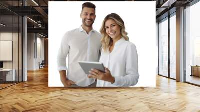 A couple of colleagues, a woman and a man, use a tablet. Transparent isolated background. Wall mural