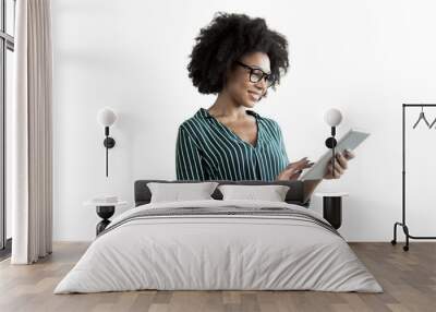 A curly-haired contented woman in a striped shirt is a student. The assistant of the person using the tablet. transparent background, png. Wall mural