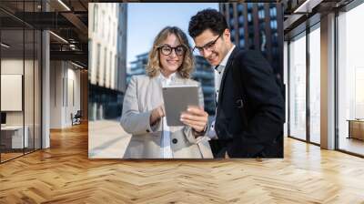 A female creative manager and a male colleague are working on a startup project Wall mural