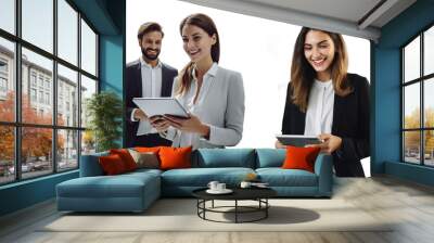 A woman and a man are managers, a marketer uses a tablet computer, a couple of business people use the Internet working in an office online on a new project, transparent background Wall mural