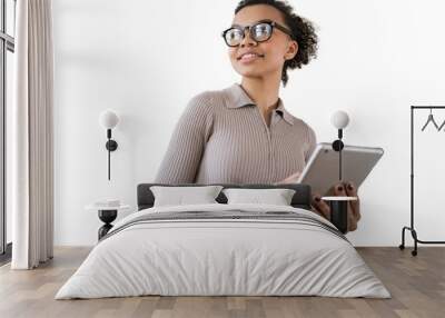 A woman smiling with glasses uses an office employee, isolated transparent background. Wall mural