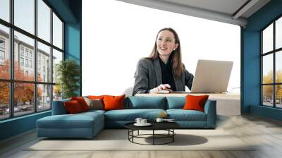 A woman uses a laptop workplace office, business clothes on a person.  A freelancer works at a computer alone.   Transparent background, png. Wall mural