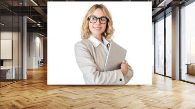 Business woman with glasses manager using office tablet, transparent background. Wall mural