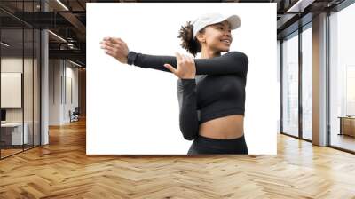 Female athlete in a sports suit transparent background. Does exercises Wall mural