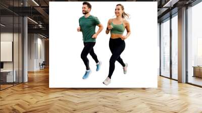 Friends active lifestyle time for sports. Active leg exercises in fitness clothes. Body Warm-up Two athletic people train a male instructor and a female client.   Transparent background. Wall mural