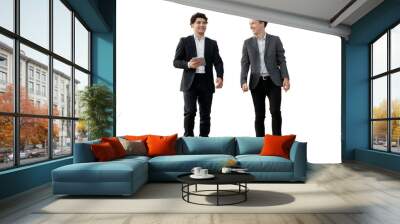 Meeting in the office full-length two colleagues partners young entrepreneurs, office staff in a man's suit assistant sales manager. Transparent background, png. Wall mural