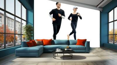 Runners are people a man and a woman on a transparent background engaged in running sports. Fitness watch on the arm. Wall mural