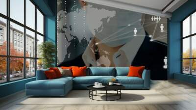 The concept of coronavirus between people in the world and business. Global business network and world map. male businessman background. A masked man working in a business center. remote work Wall mural