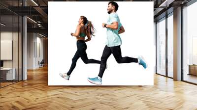 Two people a group of people running together in full growth. They use running shoes and sportswear for active training. Transparent background. Wall mural