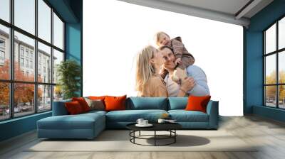 Young happy family dad and baby playing together, transparent background. Wall mural