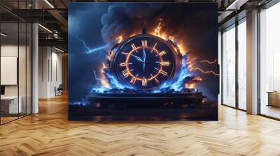 In the blazing clock graphic, the clock is on fire and time is running out. Alarm Time is money, as shown by the burning end of time in the fiery clock graphic. Navigating Time Limits Wall mural