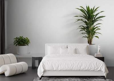 A Bright and Modern Shelf Featuring Two Stylish Potted Plants Against a Minimalist Wall Background Wall mural