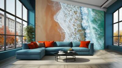 Close-up Aerial View of Sandy Beach with Textured Patterns and Waves for Travel and Nature Themes Wall mural