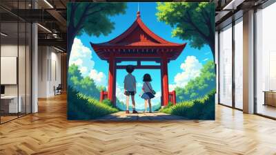 Enchanting Scene of Two Young Wanderers Approaching a Traditional Japanese Gate Surrounded by Lush Nature Wall mural