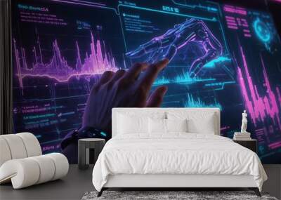 Futuristic Hand Interacting with Holographic Data Interface in Neon Colors Wall mural