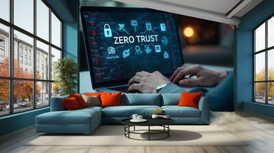 Hands Typing on a Laptop Showcasing a Zero Trust Interface with Security Icons for Cybersecurity Applications Wall mural