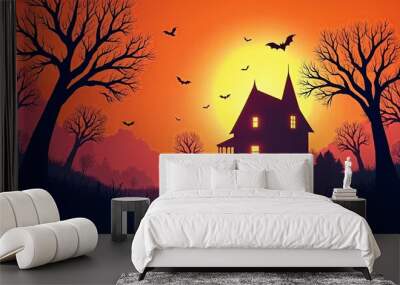 Spooky Silhouette of a Haunted House on a Hill Against an Enchanting Orange Sunset Sky for Halloween Themes Wall mural