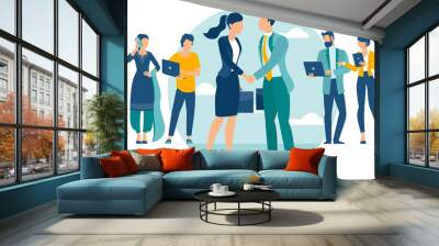 Business people shake hands after negotiation, came to agreement and completed the deal with a handshake. Flat design vector concept for web site and application design and presentation. Wall mural