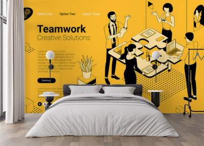 Business solution in partnership. Coworkers pushing pieces of puzzle. Flat design isometric vector concept for web site and application design and presentation. UI design mockup. Wall mural