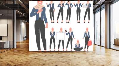 Set of flat design young muslim woman wearing modern trendy clothes. Various poses, gestures and everyday activities. Learning, chatting, phonning, working. Wall mural