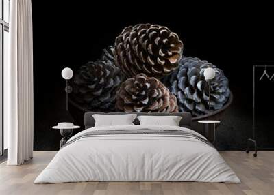 Pine cones in bowl on hessian, dark still life. Square crop light painting. Wall mural