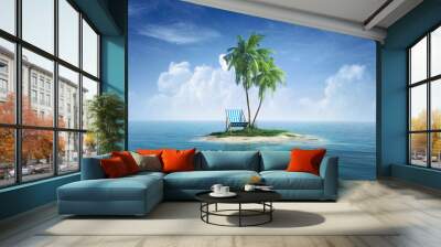 desert tropical island with palm tree, chaise lounge. Wall mural