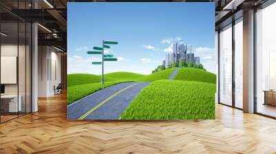 Sign arrow and road in city Wall mural