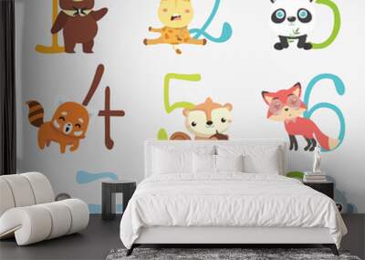 Set of funny numbers with cartoon animals. Wall mural