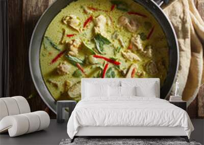 Thai food chicken green curry on wooden background. . Wall mural