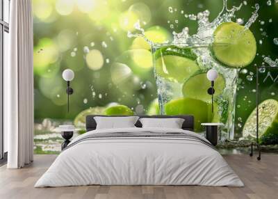 Ice lime drink can Lime fruit water splash tea leaves and ice cubes  blurred background
 Wall mural