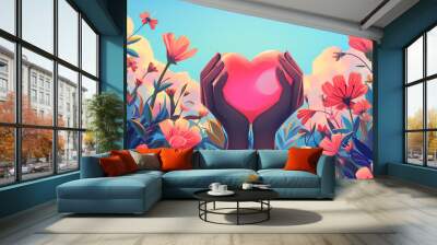 Person holding heart Hands holding heart shape paper family cutout, focusing on the symbolism of unity and love, in a serene outdoor park with blooming flowers and a clear blue sky. Wall mural