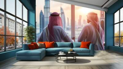 Saudi Arabian businessmen meeting to discuss a project, standing in front of large glass windows and looking at buildings. Wall mural