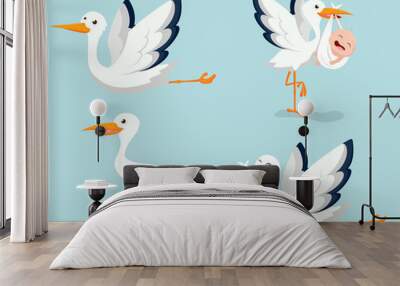 Cartoon Cute stork carrying baby  Wall mural