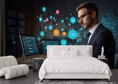 The concept of business process management and automation with a workflow flowchart on a digital screen and a businessman. generative.ai Wall mural