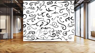 Calligraphy Curvy Line Floral Decoration. Hand drawn decorative curls and swirls. Flourish swirl ornate decoration for pointed pen ink calligraphy style. Wall mural