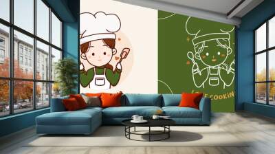 Lovely cute chef girl with wooden spoon and silicone spatula logo elements. Hand drawn vector illustration. Wall mural