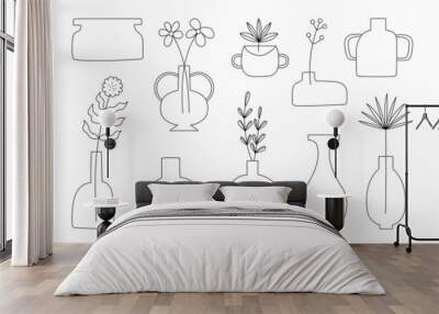 Memphis flowers leaves houseplant in vases and pottery line shape illustration Wall mural