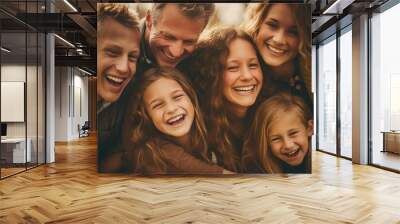 A close - up photo of a beaming American family huddled together, their faces filled with joy and laughter. Generative AI Wall mural