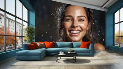 A close - up photo of a happy woman model with water splashes, emphasizing the concept of skincare hydration and beauty. Generative AI Wall mural