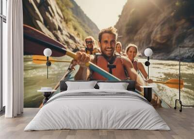 A close - up shot of a group of friends engaged in kayaking or rafting on a fast - flowing river with rocky cliffs in the background. Generative AI Wall mural