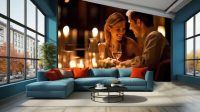 A close - up shot of a happy couple enjoying a romantic dinner in a candlelit restaurant. Generative AI Wall mural