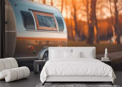 A close - up shot of a modern caravan parked, showcasing the freedom and adventure of travel. Generative AI Wall mural