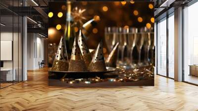 A close - up shot of a table adorned with New Year's decorations, including glittering candles, sparkling confetti, and elegant champagne glasses.  Generative AI Wall mural